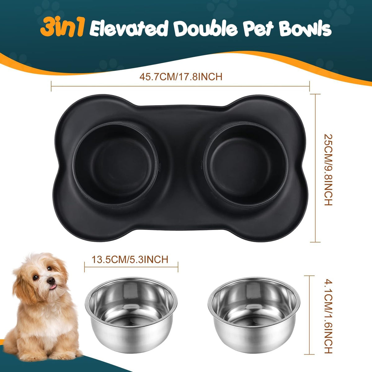 Double Dog Food Bowls Stainless Steel & Water Dish with No-Spill - image 3