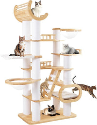 82.7'' Large Cat Tree, Modern Cat Tower with Scratching Post, Luxury Cat House, Wood Cat Tree for Indoor Cats Large Adult, Multi-Level Activity Center with Hammock, Clear Bowl, Semi-Closed Condo