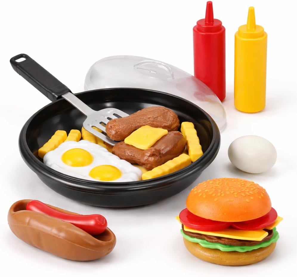 25 PCS Play Food Kids Toy Set with Frying Pan Skillet and Spatula
