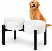 Raised Ceramic Dog Bowl Set with Stand - White / 2 Bowls - 7.5 Cups Each