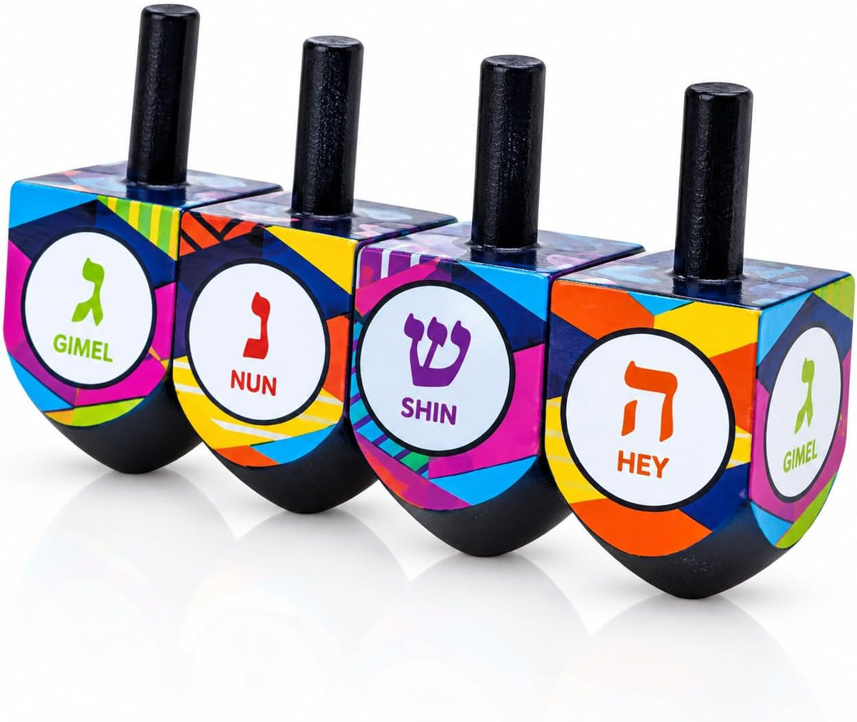 The Dreidel Company multi-colored hand painted wooden dreidels with Hebrew letters, 4-pack - view 4