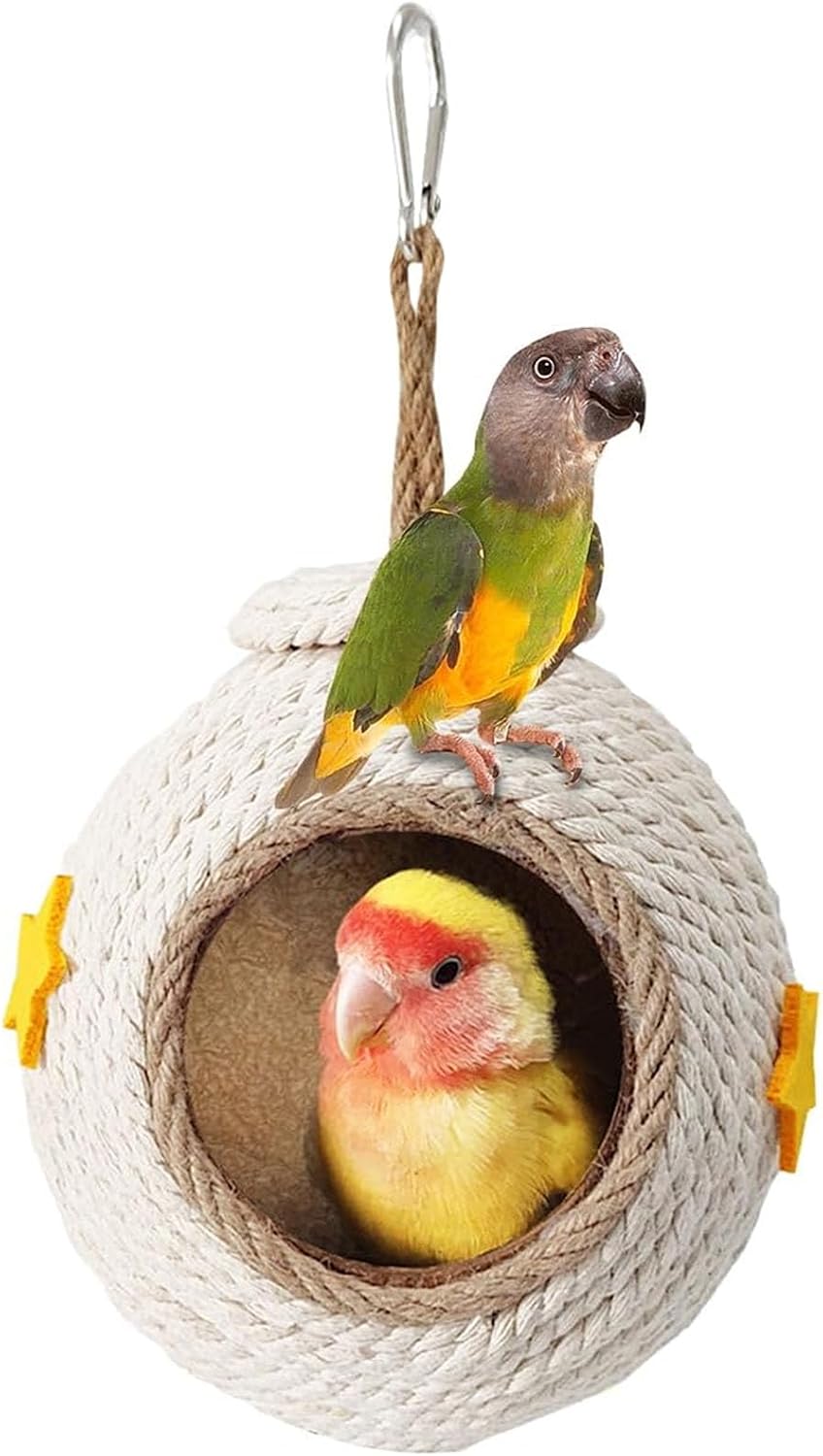 Natural Coconut Hide with Ladder Perches Hanging Bird House Toy - 1pc Coconut Shell with White Rope on the Surface