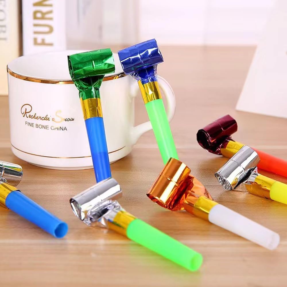 anztqiuu party blowers, 100 colorful birthday noisemakers rolled and extended - view 4