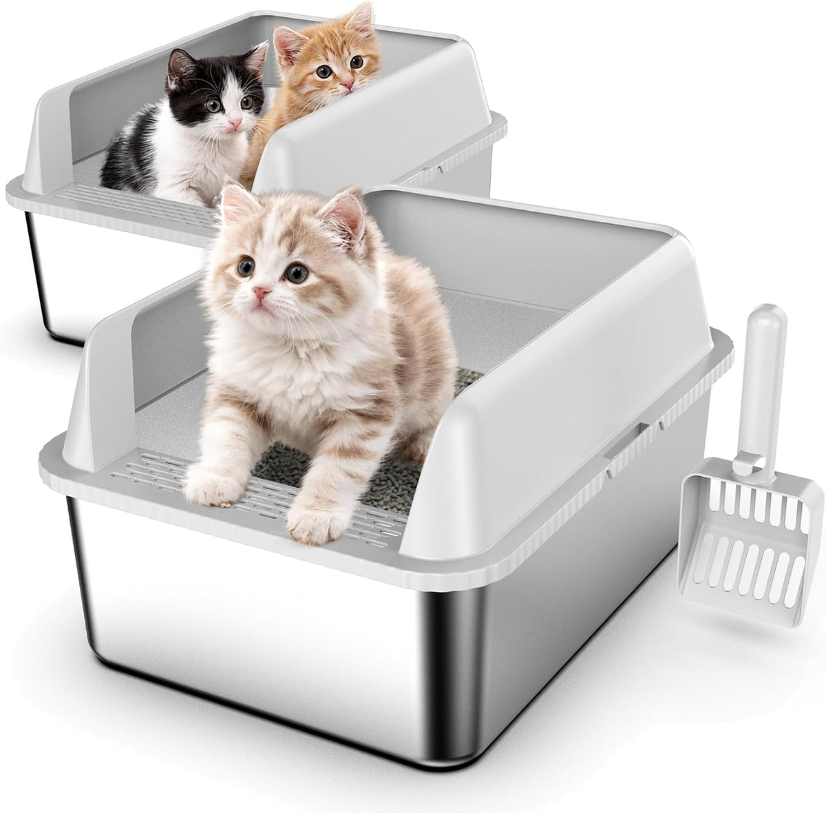 Suzzipaws Stainless Steel Cat Litter Box with Lid for Kittens & Small - 2PK with 6" Deep / 2.0
