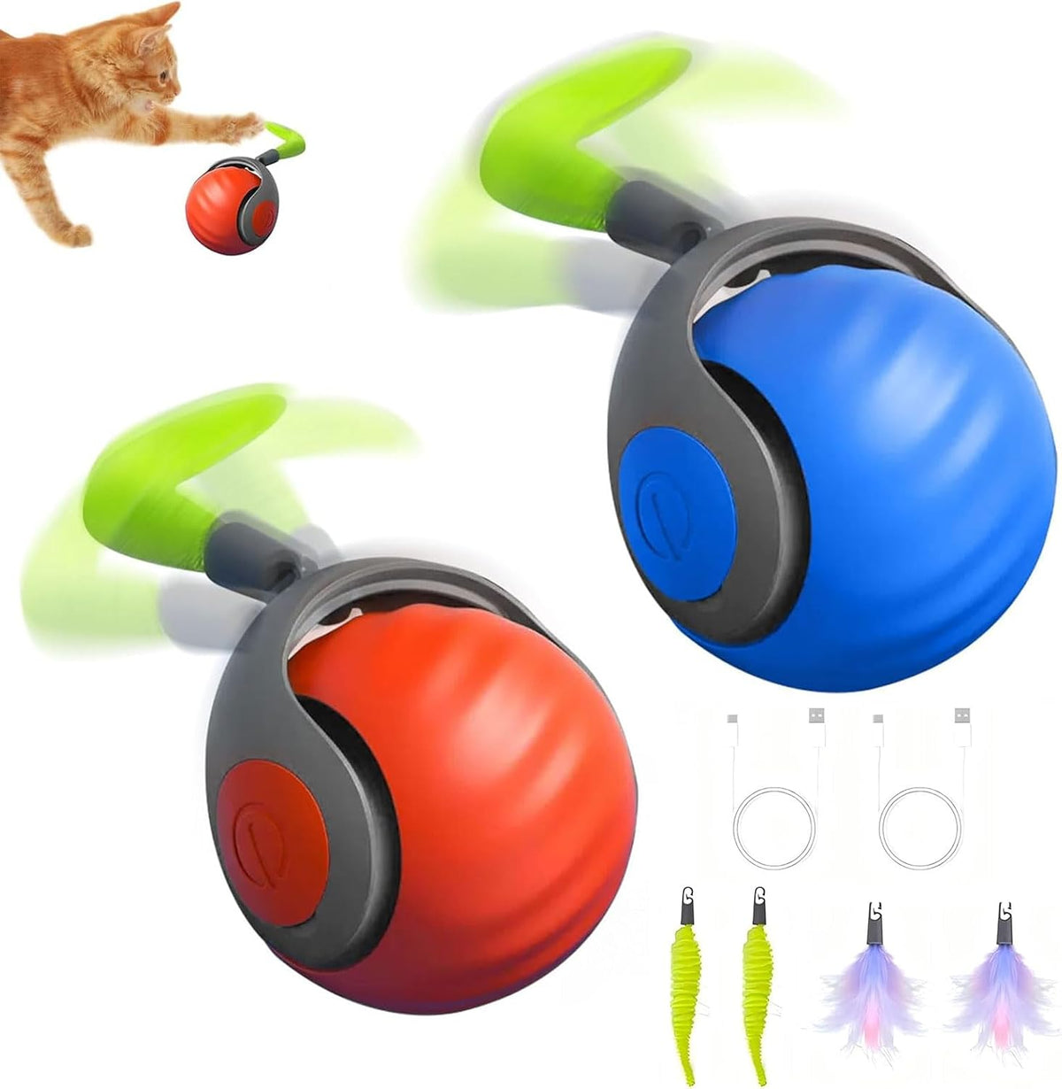 Interactive Cat Ball Toy with Feather - Blue+Orange