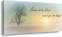 Lasdel Canvas Wall Art of Misty Sunset & Tree Plant Picture For Bedroom Home Above Bed, White Country Wood Sign For Bathroom, Give It To God & Go to Sleep Artwork Decor, Inner Frame 20x40 Inches