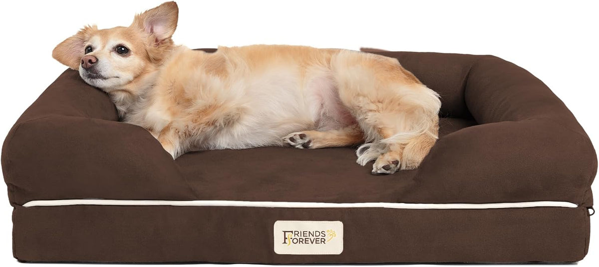 Friends Forever Large Dog Bed Couch - Memory Foam Dog Bed / Chester Brown / 25.0"L x 20"W x 5.5"Th