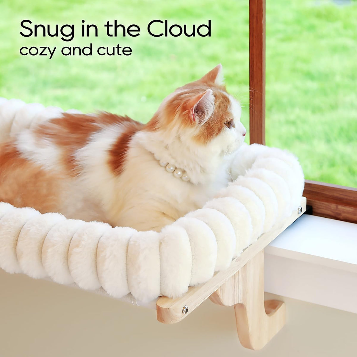 Zakkart SnugCloud Cat Perch for Windowsill – Essentials for Cats - Natural Color Wood w/ Cream Bed / Medium (22"x15") - image 2