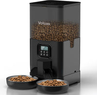 VOLUAS Automatic Cat Feeder for Two Cats with Dual Stainless Bowls - Black Transparent / 6L