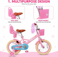 RULLY pink unicorn kids bike with training wheels, front basket, doll seat and streamers - view 5
