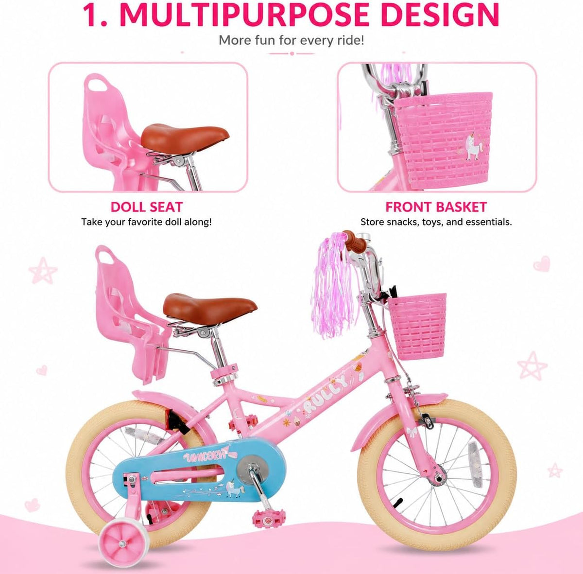 RULLY pink unicorn kids bike with training wheels, front basket, doll seat and streamers - view 5