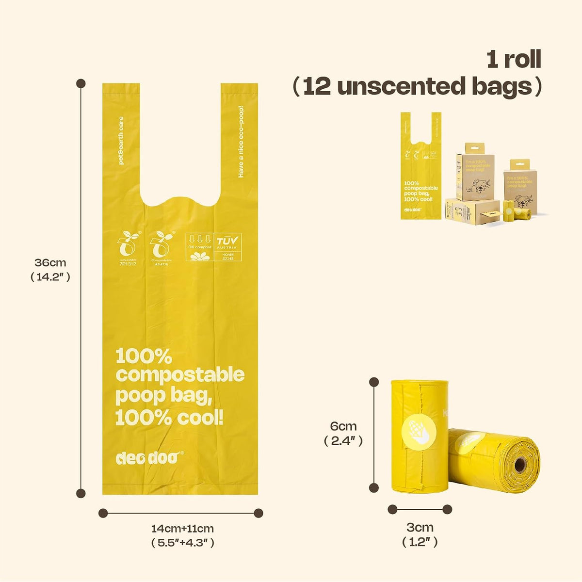 Deo Doo Compostable Dog Poop Bags with Handles 144 Bags - Yellow-100% Compostable - image 3
