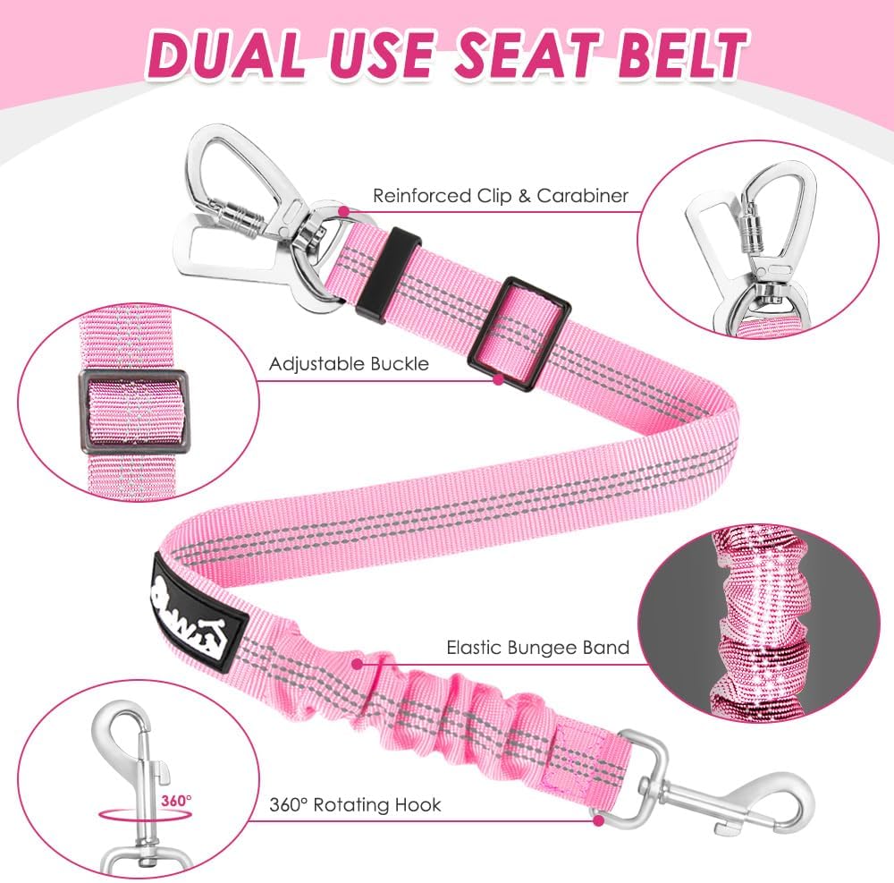 SlowTon Dog Seatbelt, 2 Pack Adjustable Heavy Duty Dog Safety Seat Belt – Essentials for Dogs - Pink / Seatbelt Clip + Carabiner - image 4