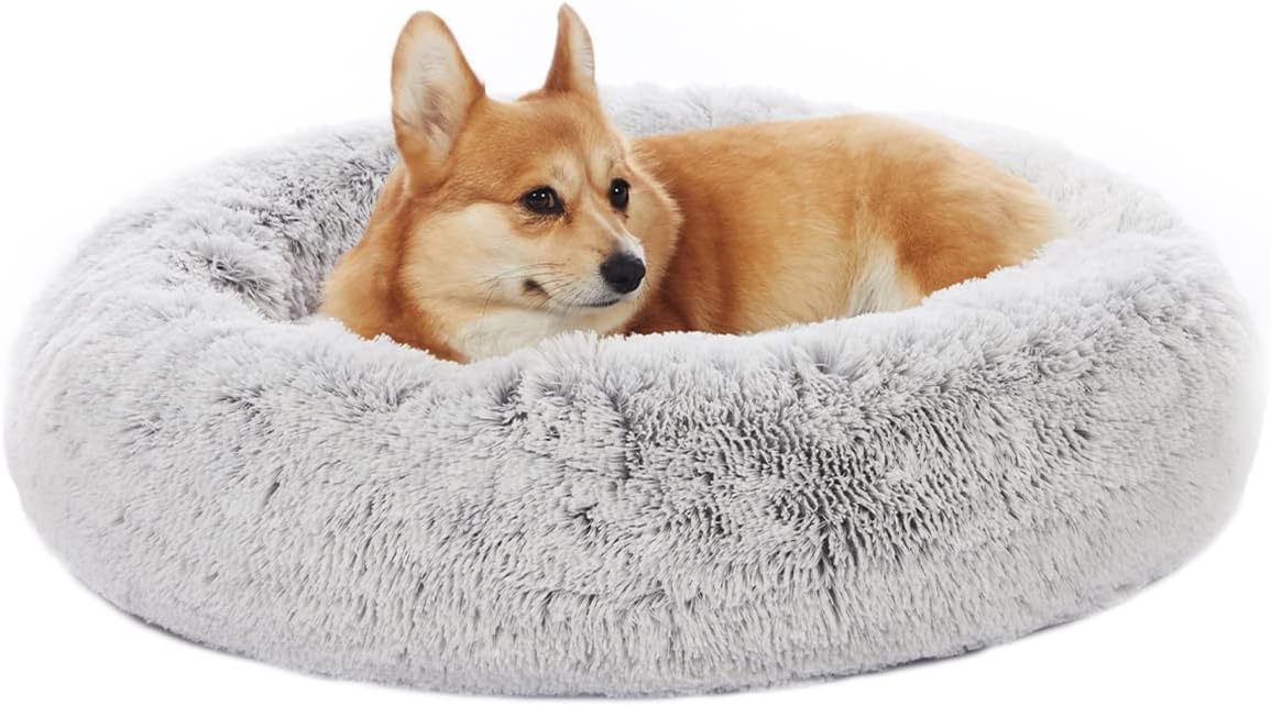 Calming Fluffy Donut Dog Bed for Large Dogs, 36" Round - 30.0"L x 30.0"W x 8.0"Th / Light Grey