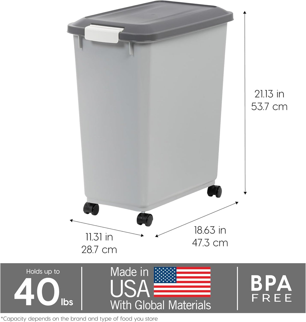 IRIS USA Airtight Pet Food Storage Rolling Container - 40 lbs / Gray/Dark Gray - image 3