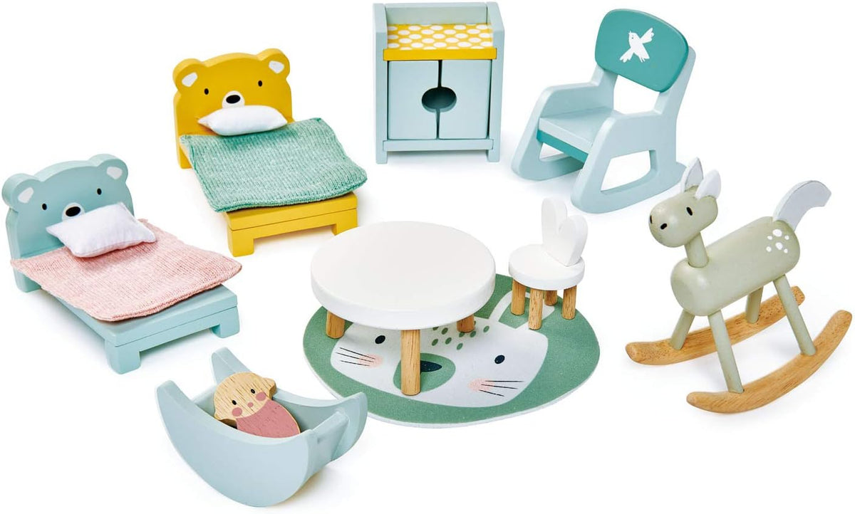 Tender Leaf Toys wooden dollhouse furniture nursery set with cot, high chair, pram and baby - view 4