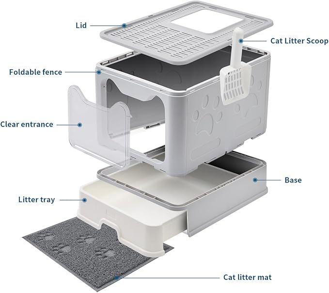 Cat Litter Box with Litter Mat and Scoop, Large Foldable Litter Box with Lid, Front Entry Top Exit Kitty Box, Odor Control, Easy to Clean (Grey)