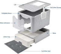 Cat Litter Box with Litter Mat and Scoop, Large Foldable Litter Box with Lid, Front Entry Top Exit Kitty Box, Odor Control, Easy to Clean (Grey)