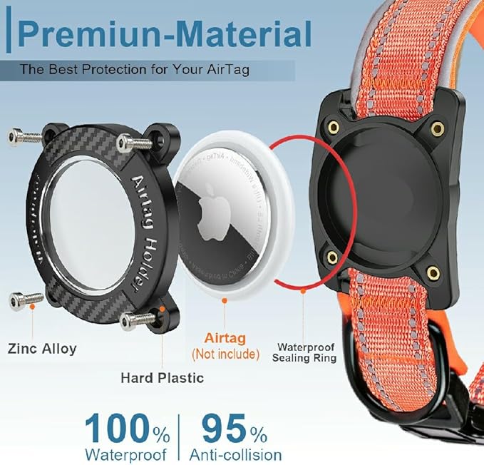Upgraded AirTag Dog Collar, IP68 Waterproof Dog Collar with Apple Air Tag Holder, Reflective Adjustable Heavy Duty Dog Collars with Soft Padded for Small, Medium and Large Dogs,Orange, XL