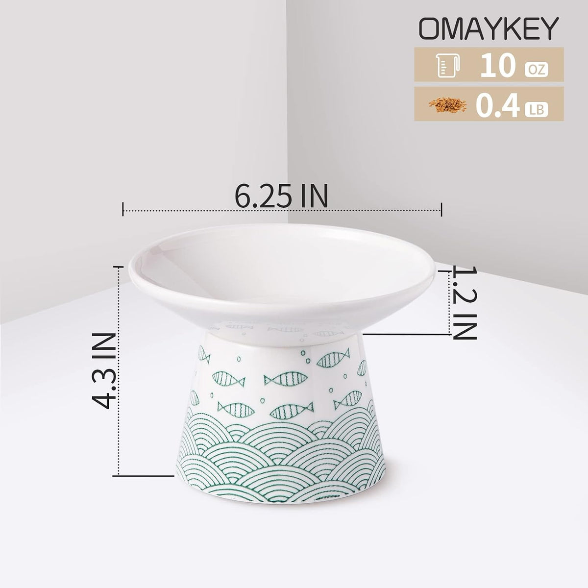 6.5 Inch Extra Wide Ceramic Elevated Cat Bowls - Black & Green Fish - image 3