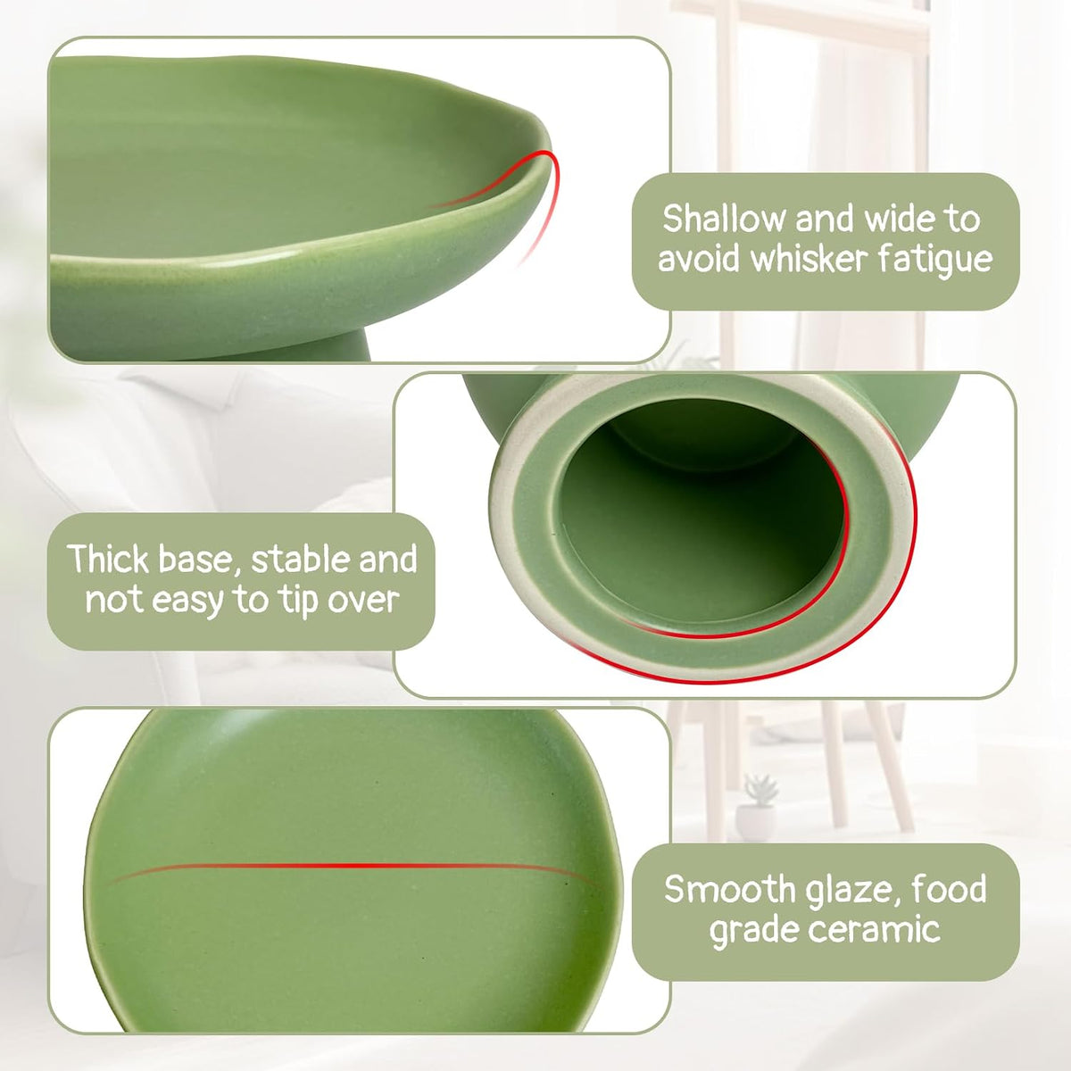 VCEPJH Elevated Cat Bowls 6.1in Wide Shallow Ceramic Raised Food Dish – Essentials for Cats - Green(Pack of 2) - image 4