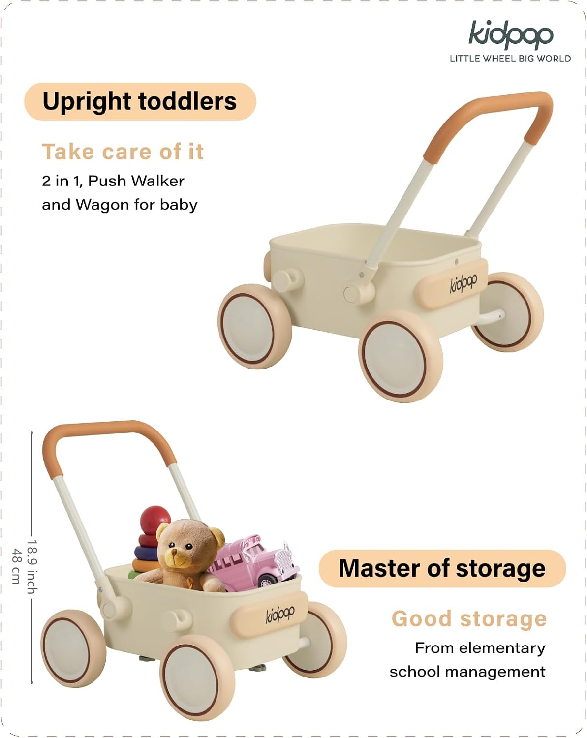 PULA Baby Push Walker with Wheels Toddler Wagon for First Learner - White - image 3