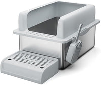 Stainless Steel Cat Litter Box 8 inch, XXL Large Cat Litter Tray with High Side, Platform Step and Scoop for Big Cats Multiple Cats, Easy Clean