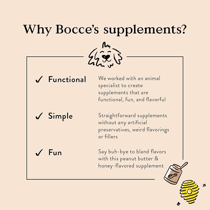 Bocce's Bakery Hip & Joint Supplement for Dogs, Daily Chews Made in The USA with Glucosamine, MSM, and Chondroitin, Supports Healthy Joints, Peanut Butter & Honey, 60 ct