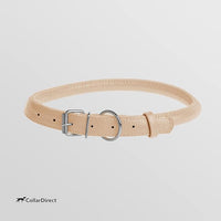 CollarDirect Rolled Leather Dog Collar, Soft Padded Round Puppy Collar, Handmade Genuine Leather Collar Dog Small Large Cat Collars 13 Colors (11-14 Inch, Beige Textured)