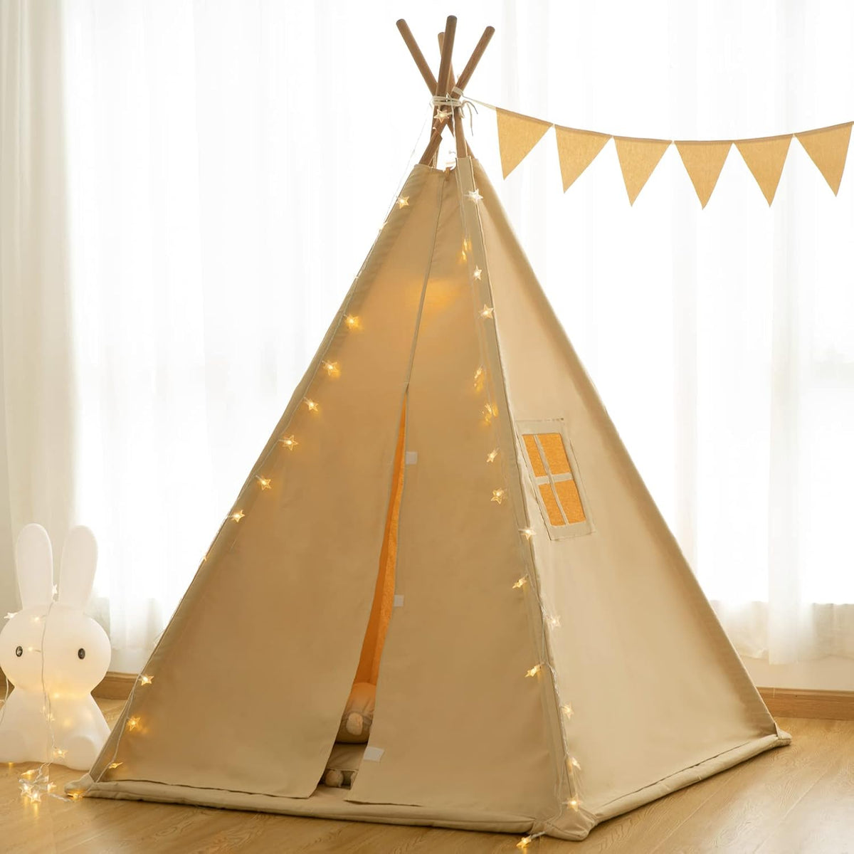 RongFa white canvas teepee tent for kids with wooden poles, flap door and mesh window - view 8