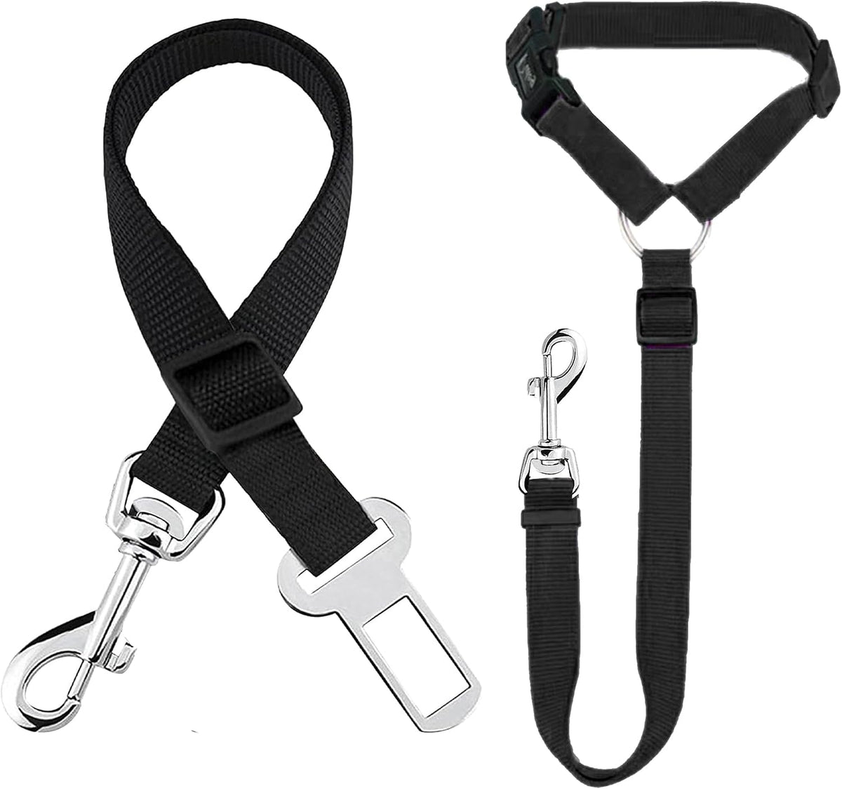 SunGrow Dog Seat Belt for Car, Adjustable Nylon Pet Seatbelt - Black Adjustable Seatbelt & Leash - 2-Pack
