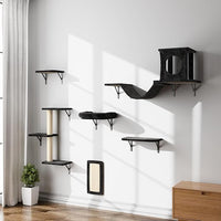 NUNU LAB Wall Mounted Cat Climber Set, 6 Pcs Cat Furniture Set with House, Bridge, Steps, Scratcher Board and Hammock, Shelves for Indoor, Luxury Walls Furniture(Black)