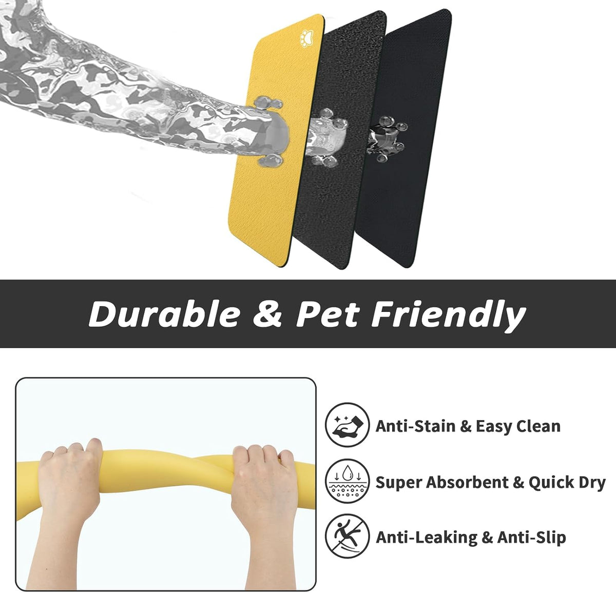 HotLive Dog Food Mat, Absorbent Cat Mat for Food and Water - Paw Yellow / 34"L x 18"W - image 4