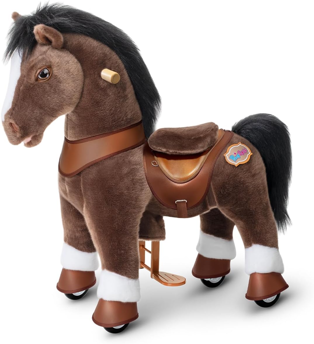 PonyCycle rainbow ride-on unicorn for toddlers with plush body, handlebars and hand brake