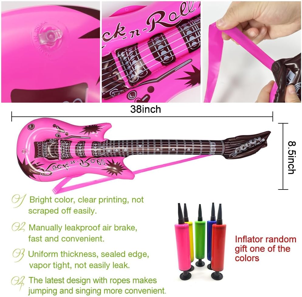 QIQU inflatable guitars with rope straps in red, pink, orange, yellow, green, blue and purple - view 3