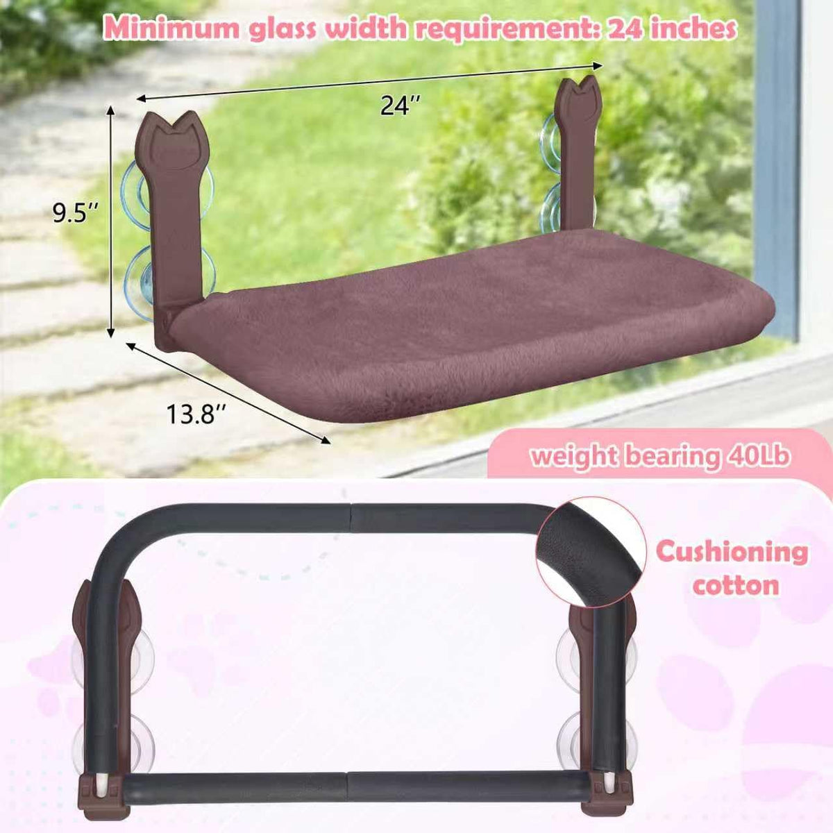 2 Pack Cat Window Perch,Cat Window Hammock Cordless Foldable Window Bed with 4 Large Strong Suction - Brown Cover - image 2