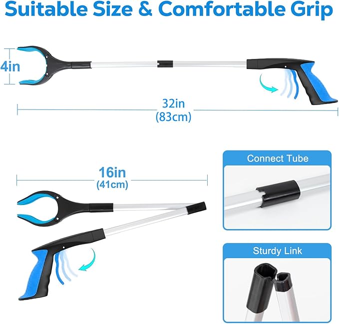 Grabber Reacher Tool - 32” Extra Long Foldable Gripper and Reaching Tool - Heavy Duty Pick Up Stick Grabbers for Seniors, Trash, Surgery Recovery Must Haves Gifts (Blue+Orange 2P)