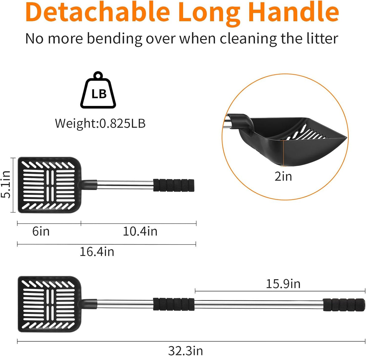 Metal Cat Litter Scoop, Detachable Long Handle Litter Scooper – Daily Care for Cats - black shovel - image 2