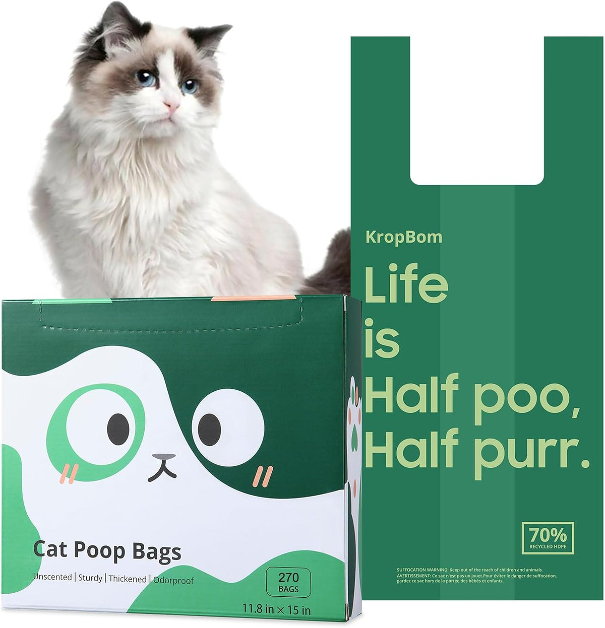 125 Count Cat Poop Bags with Handles - Unscented / 270 Count / Medium-14.5"x6.6"