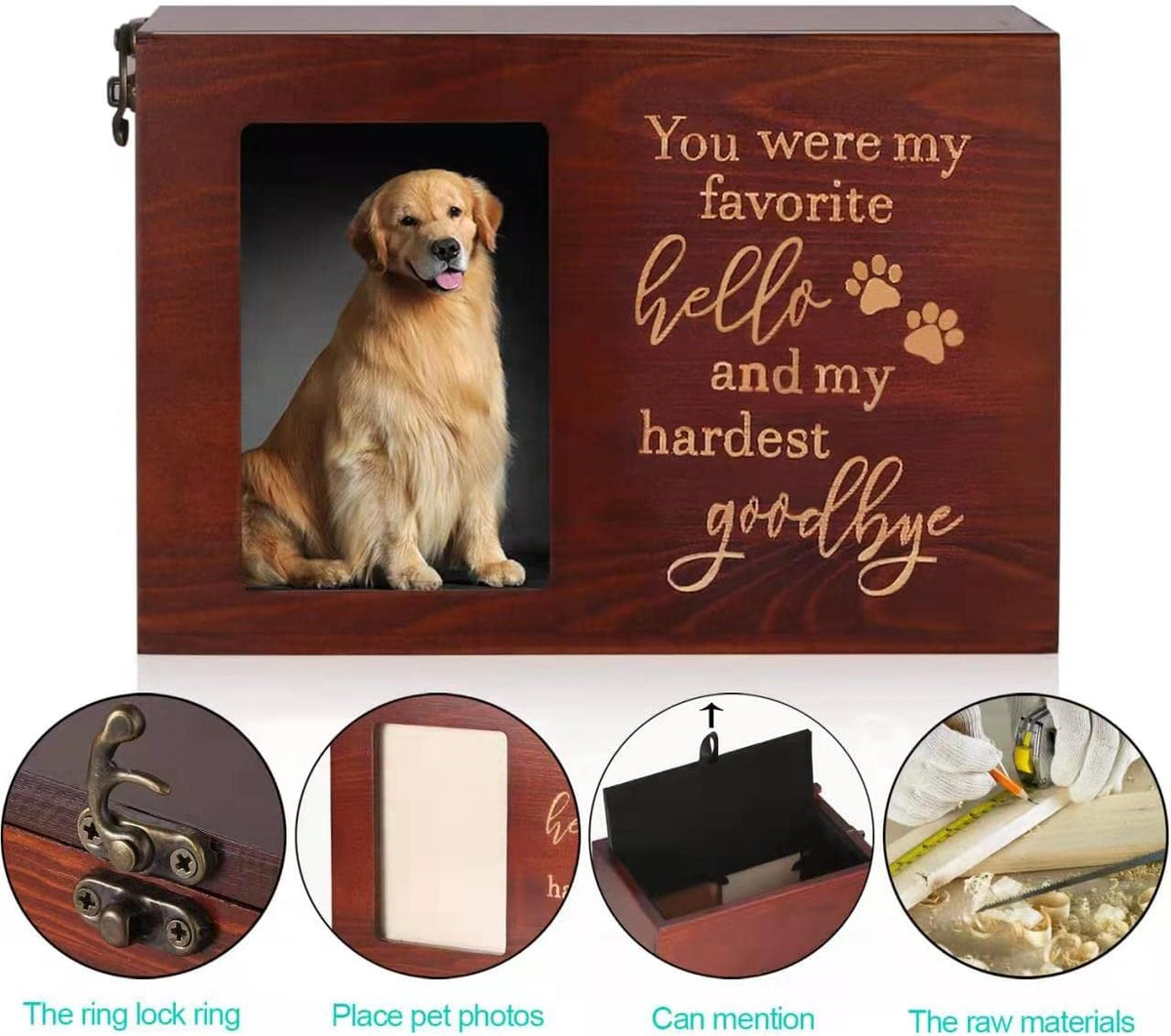 DGDCDV handmade pinewood pet urn with photo frame and flannel interior - view 3