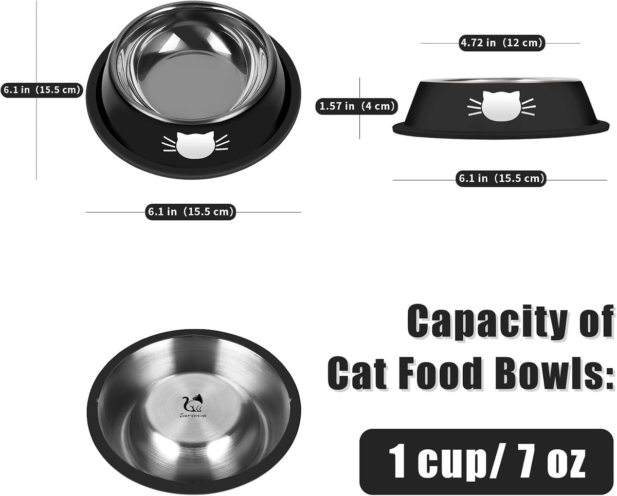 Serentive 2 Pcs Non-Slip Stainless Steel Small Cat Food Bowls - Silver, Black / 7 oz - image 2