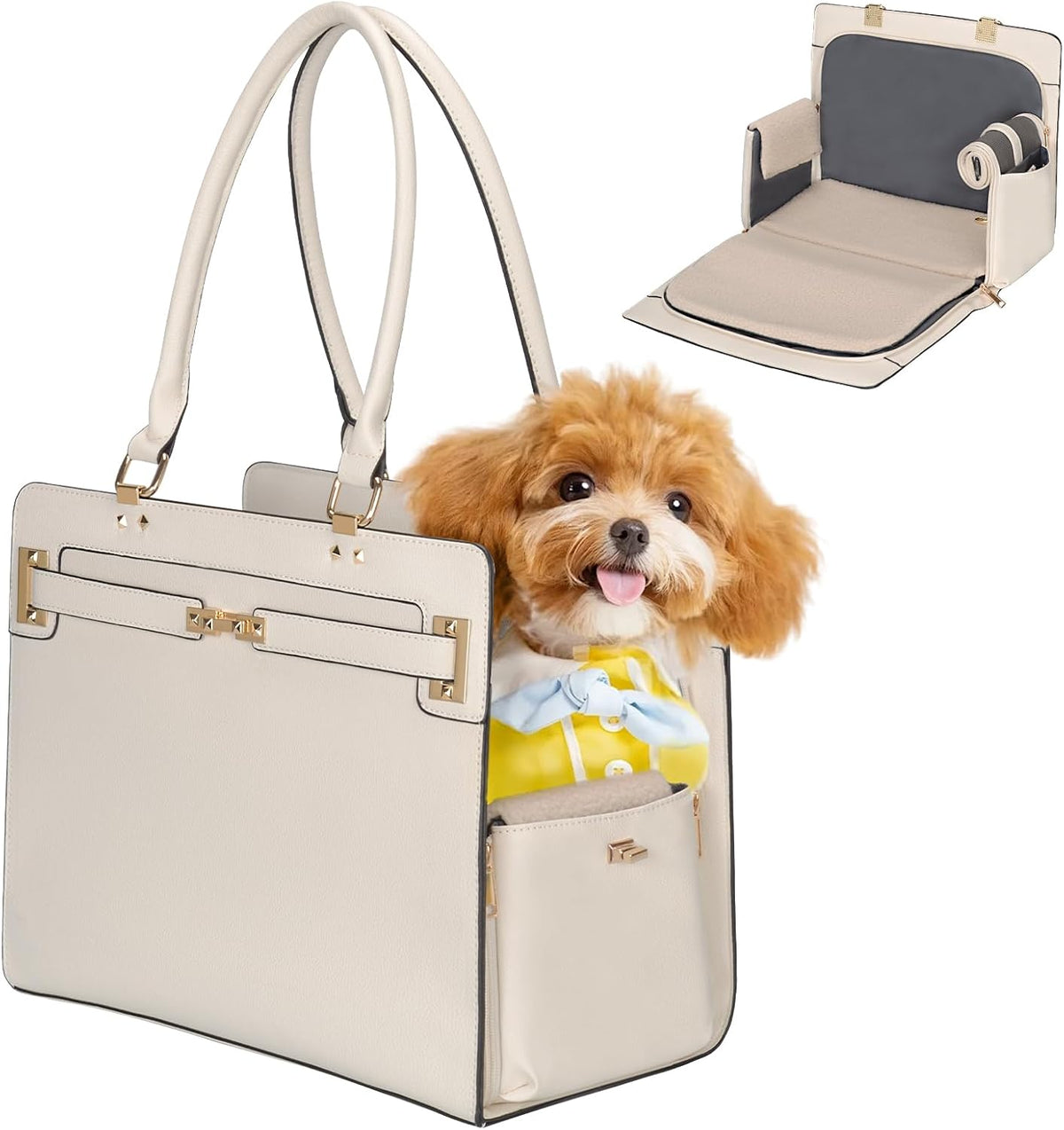 2-in-1 Stylish Dog Purse Carrier Travel Tote Bag for Small Dogs Cats - White / 15.0"L x 7.5"W x 12.2"H