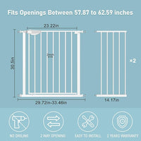 WAOWAO Triple Lock Baby Gate Extra Wide 57.87-62.59" Pressure Mounted Walk Through Swing Auto Close Safety White Metal Dog Pet Puppy Cat for Stairs,Doorways,Kitchen