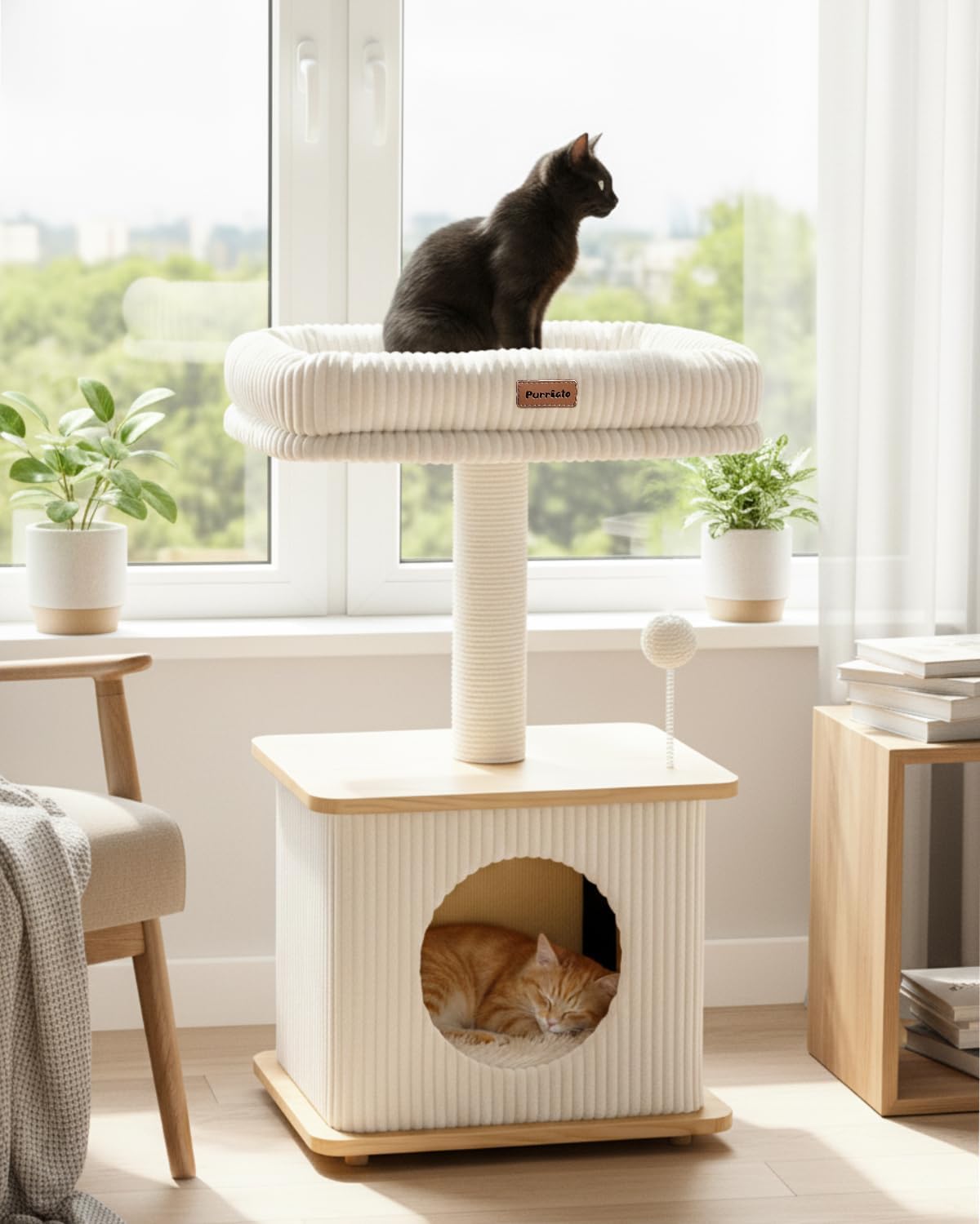 29" Small Cat Tree, Boho Wood Cat Tower with Sisal Scratching Post – Essentials for Cats - Ash Wood Finish / Small