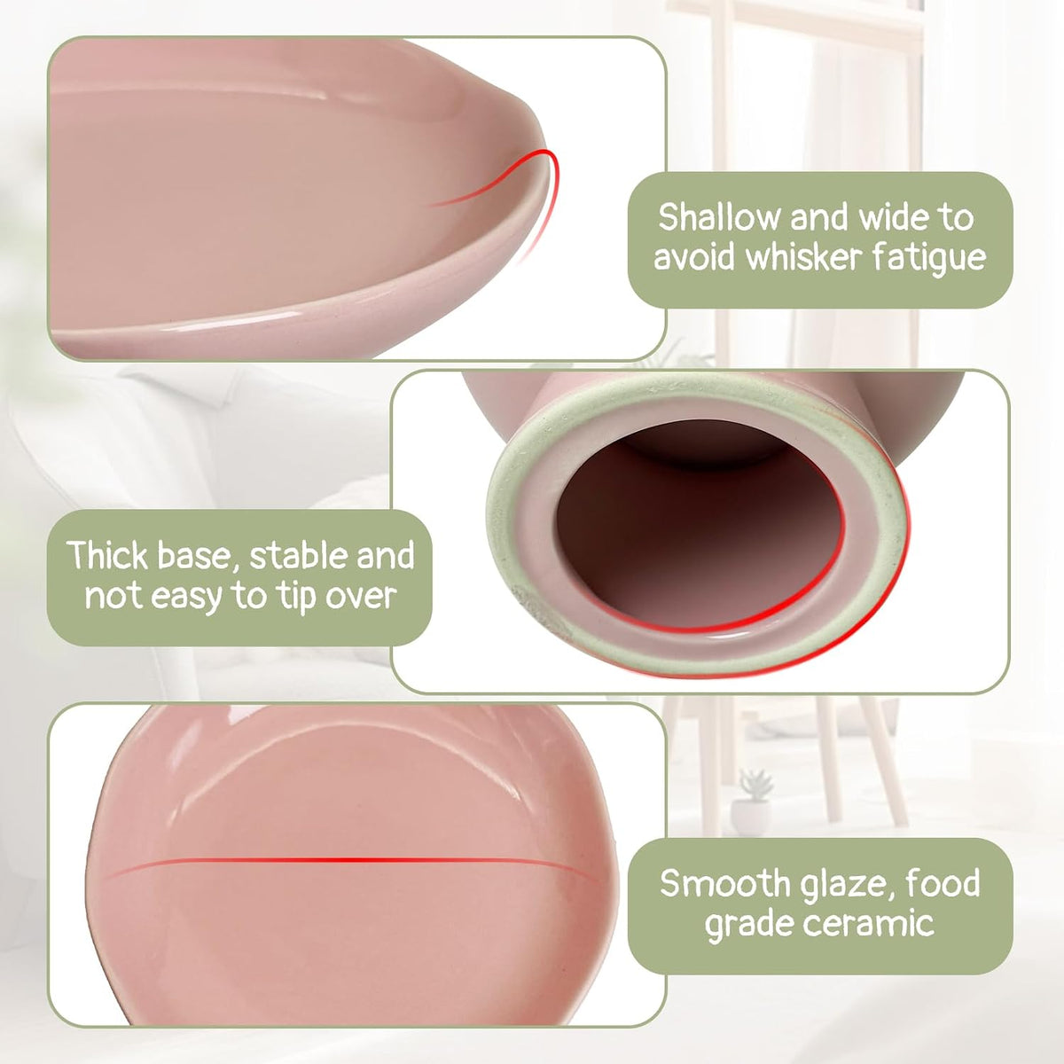 VCEPJH Elevated Cat Bowls 6.1in Wide Shallow Ceramic Raised Food Dish – Essentials for Cats - Pink(Pack of 2) - image 4