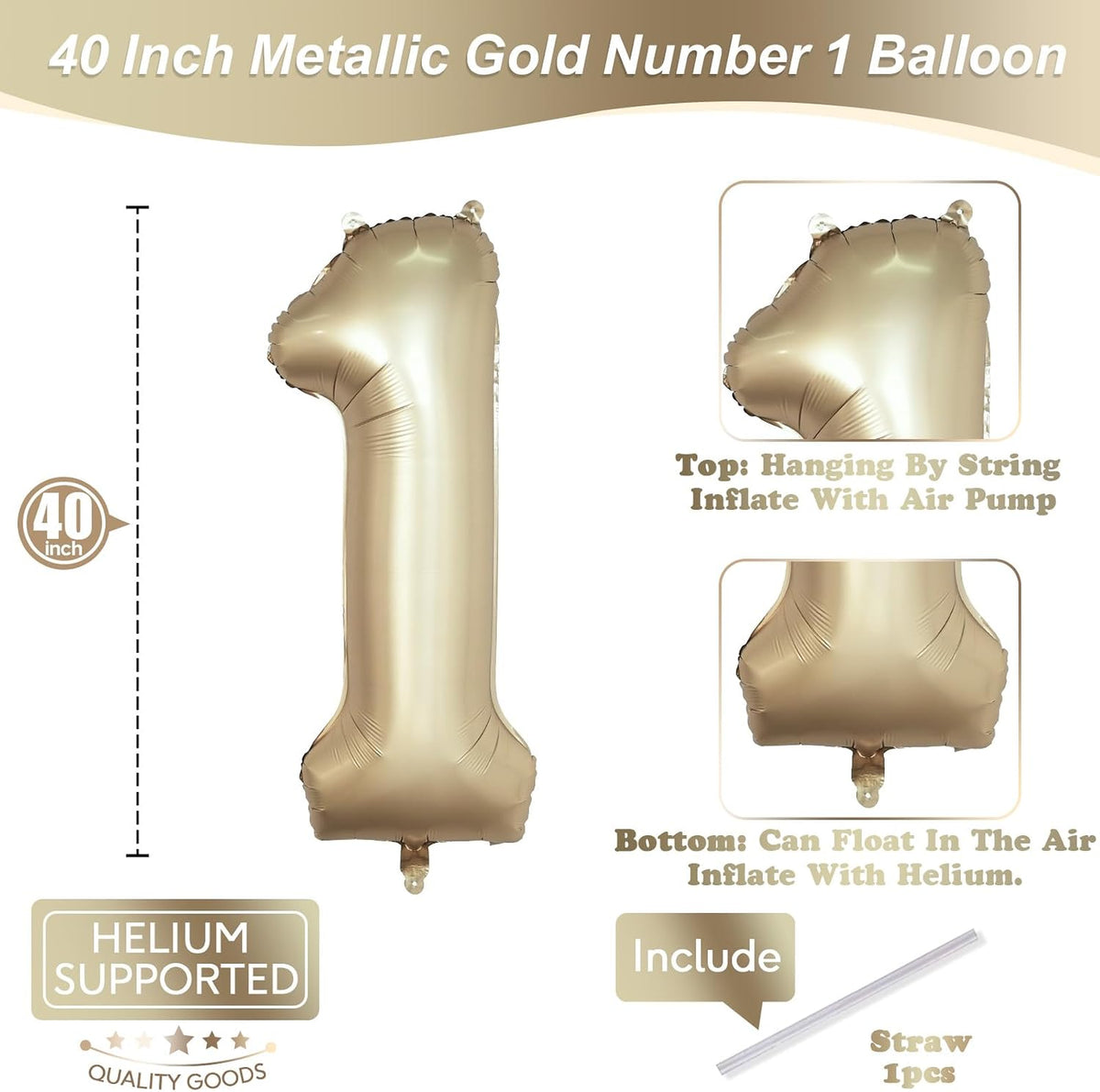 Checkered Number Balloon 1 - Metallic Gold / Number 1 - image 2
