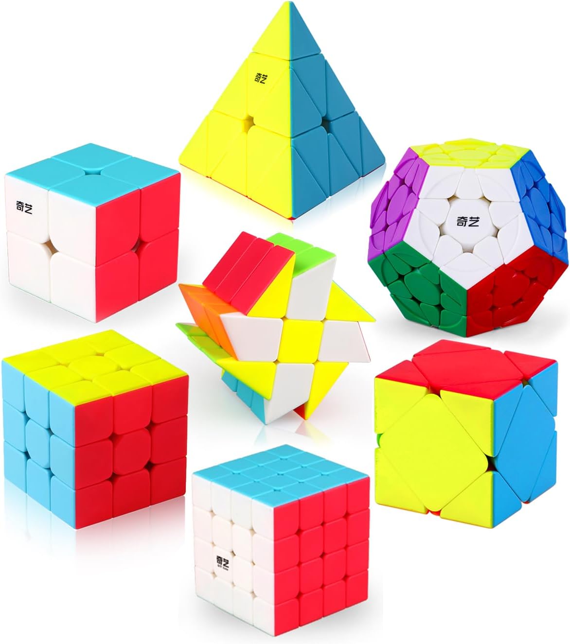 Speed Cube Set, ROXENDA 2x2 3x3 4x4 Megaminx Pyramid Puzzle Cube[5 Pack] – Fun for Kids & Family - 7 Pack Stickerless
