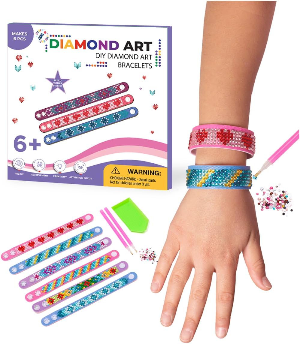 Little Jupiter diamond art bracelet kit with 6 EVA foam snap bracelets, resin gems and pen tools