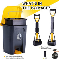 Pooper Scooper 2 Pack with 20 Litre Step Dog Poop Trash Can, 28" Long Handle Dog Poop Scoopers for Large Small Dogs Heavy Duty, Removable Inner Bucket for Outdoors, 50 Waste Bags Included