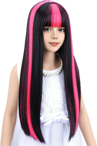 WAVELNM kids long straight black wig with hot pink highlights and bangs - view 38